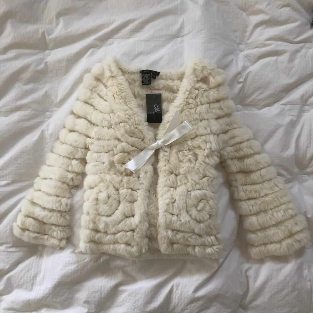 BCBGMaxAzria Vintage Cream Embroidered Fur Cardigan